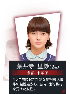 藤井寺 里紗（24）　多部 未華子　１５年前に起きた少女誘拐殺人事件の被疑者から、当時、性的暴行を受けた女性。