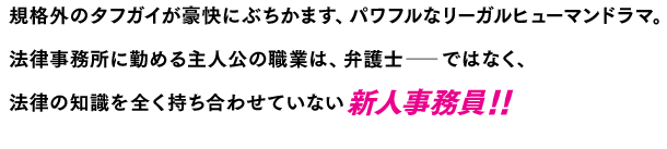 規格外のタフガイが豪快にぶちかます、パワフルなリーガルヒューマンドラマ。法律事務所に勤める主人公の職業は、弁護士 ― ではなく、法律の知識を全く持ち合わせていない新人事務員！！
