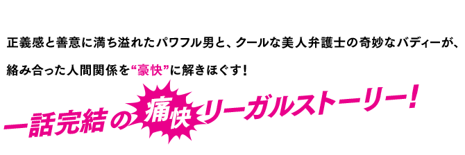 正義感と善意に満ち溢れたパワフル男と、クールな美人弁護士の奇妙なバディーが、絡み合った人間関係を“豪快”に解きほぐす！一話完結の痛快リーガルストーリー！