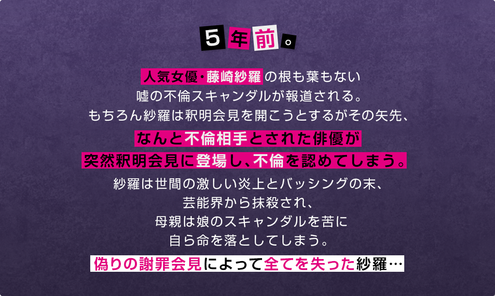 5年前。人気女優・藤崎紗羅の根も葉もない嘘の不倫スキャンダルが報道される。もちろん紗羅は釈明会見を開こうとするがその矢先、なんと不倫相手とされた俳優が突然釈明会見に登場し、不倫を認めてしまう。紗羅は世間の激しい炎上とバッシングの末、芸能界から抹殺され、母親は娘のスキャンダルを苦に自ら命を落としてしまう。偽りの謝罪会見によって全てを失った紗羅…