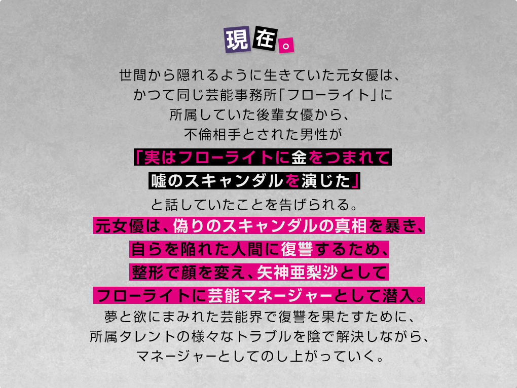 現在。世間から隠れるように生きていた元女優は、かつて同じ芸能事務所「フローライト」に所属していた後輩女優から、不倫相手とされた男性が「実はフローライトに金をつまれて嘘のスキャンダルを演じた」と話していたことを告げられる。元女優は、偽りのスキャンダルの真相を暴き、自らを陥れた人間に復讐するため、整形で顔を変え、矢神亜梨沙としてフローライトに芸能マネージャーとして潜入。夢と欲にまみれた芸能界で復讐を果たすために、所属タレントの様々なトラブルを陰で解決しながら、マネージャーとしてのし上がっていく。