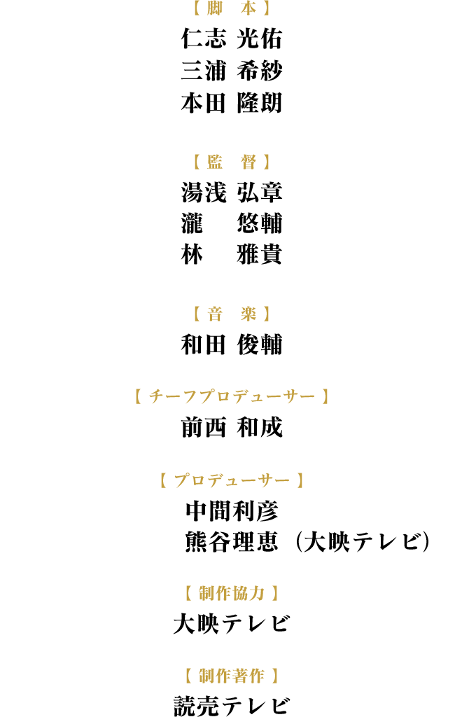 脚本…仁志 光佑 ほか/監督…湯浅 弘章、瀧 悠輔 ほか/音楽…和田 俊輔/チーフプロデューサー…前西 和成/プロデューサー…中間 利彦、熊谷 理恵(大映テレビ)/制作協力…大映テレビ/制作著作…読売テレビ