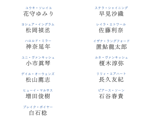 ユウキ・ソレイユ　花守ゆみり、ステラ・シャイニング　早見沙織、ヨシュア・イングラム　松岡禎丞、レイラ・エトワール　佐藤利奈、ハロルド・ミラー　神奈延年、イザナ・ラングフォード　置鮎龍太郎、ユニ・ヴァンキッシュ　小市眞琴、ルネ・ヴァンキッシュ　榎木淳弥、ゲイル・オーウェンズ　松山鷹志、リリィ・エアハート　長久友紀、ヒューイ・マルサス　増田俊樹、ピアース・ソーン　石谷春貴、ブレイク・ボイヤー　白石稔
