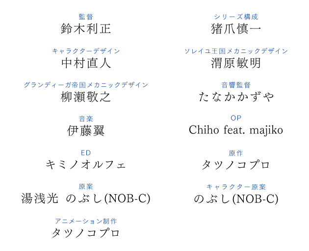 監督　鈴木利正、シリーズ構成　猪爪慎一、キャラクターデザイン　中村直人、ソレイユ王国メカニックデザイン　渭原敏明、グランディーガ帝国メカニックデザイン　柳瀬敬之、音響監督　たなかかずや、音楽　伊藤翼、OP　Chiho feat. majiko、ED　キミノオルフェ、原作　タツノコプロ、原案　湯浅光　のぶし(NOB-C)、キャラクター原案　のぶし(NOB-C)、アニメーション制作　タツノコプロ