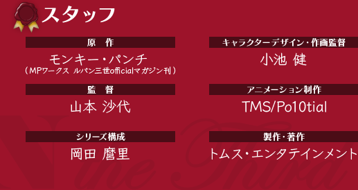 スタッフ：原作/モンキー・パンチ、監督/山本沙代、シリーズ構成/岡田麿里、キャラクターデザイン・作画監督/小池健、アニメーション制作/TMS/Po10tial、製作・著作/トムス・エンタテインメント
