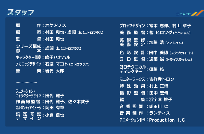 原作：オケアノス、原案：村田和也・虚淵 玄（ニトロプラス）、監督：村田和也、シリーズ構成・脚本：虚淵 玄（ニトロプラス）、キャラクター原案：鳴子ハナハル、メカニックデザイン：石渡マコト（ニトロプラス）、音楽：岩代太郎、アニメーションキャラクターデザイン・総作画監督：田代雅子、ガルガンティアイメージ：岡田有章、設定考証・デザイン：小倉信也、プロップデザイン：常木志伸、村山章子、美術監督：栫 ヒロツグ（ととにゃん）、美術監修・美術設定：加藤 浩（ととにゃん）、色彩設計：田中美穂（スタジオロード）、3D監督：遠藤 誠（トライスラッシュ）、3Dテクニカルディレクター：須藤 悠、モニターワークス：吉祥寺トロン、特殊効果：村上正博、撮影監督：田中宏侍、編集：浜宇津妙子、音響監督：明田川仁、音楽制作：ランティス、アニメーション制作：Production I.G