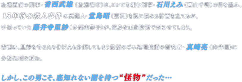 左遷直前の刑事・香西武雄（佐藤浩市）は、コンビを組む刑事・石川えみ（栗山千明）の目を盗み、15年前の殺人事件の真犯人・堂島昭（要潤）を罠に嵌める計画を立てるが、手伝っていた藤井寺里紗（多部未華子）が、堂島を正当防衛で死なせてしまう。香西は、里紗を守るためDNAも分解してしまう最新のごみ処理技術の研究者・真崎亮（向井理）に分解処理を頼む。しかし、この男こそ、底知れない闇を持つ“怪物”だった…