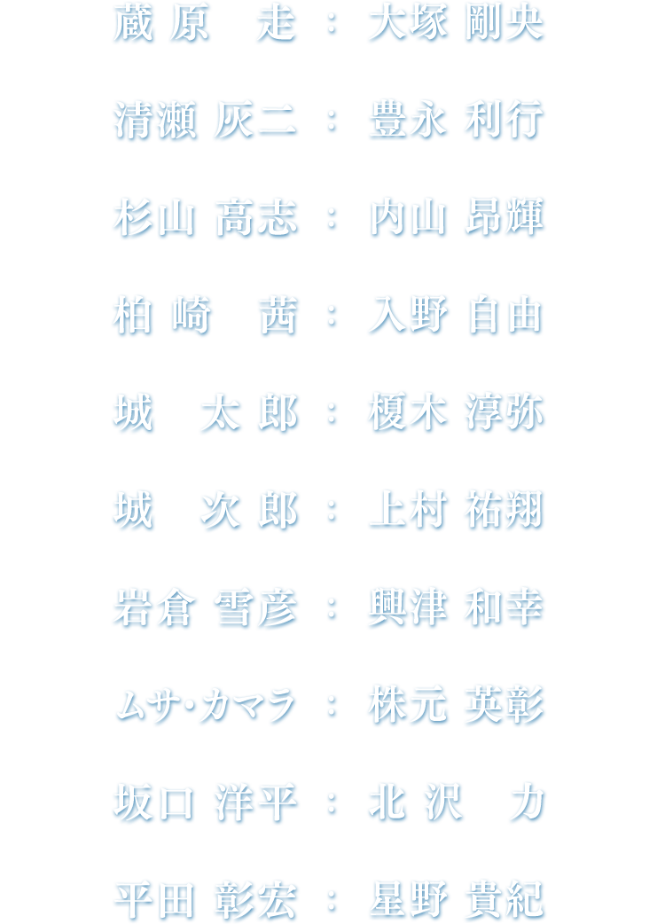 蔵原走：大塚 剛央、清瀬灰二：豊永 利行、杉山高志：内山 昂輝、柏崎 茜：入野 自由、城 太郎：榎木 淳弥、城 次郎：上村 祐翔、岩倉雪彦：興津 和幸、ムサ・カマラ：株元 英彰、坂口洋平：北沢 力、平田彰宏：星野 貴紀