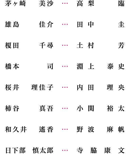 茅ヶ崎 美沙…高梨 臨/雄島 佳介…田中 圭/榎田 千尋…土村 芳/橋本 司…淵上 泰史/桜井 理佳子…内田 理央/柿谷 真吾…小関 裕太/和久井 遙香…野波 麻帆/日下部 慎太郎…寺脇康文