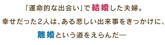 「運命的な出会い」で結婚した夫婦。幸せだった2人は、ある悲しい出来事をきっかけに、離婚という道をえらんだ―