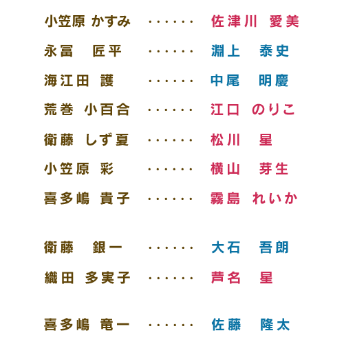 小笠原 かすみ…佐津川 愛美／永冨 匠平…淵上 泰史／海江田 護…中尾 明慶／荒巻 小百合…江口 のりこ／衛藤 しず夏…松川 星／小笠原 彩…横山 芽生／衛藤 銀一…大石 吾朗／織田 多実子…香椎 由宇／喜多嶋 竜一…佐藤 隆太／