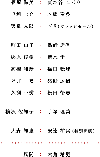 篠崎鮎美:貫地谷しほり/毛利圭介:本郷奏多/天童太郎:ゴリ（ガレッジセール）/町田由子:島崎遥香/郷原俊樹:清水圭/高橋和彦:福田転球/坪井要:猪野広樹/久瀬一樹:松田悟志/横沢佐知子:手塚理美/大森知恵:安達祐実（特別出演）/風間:六角精児