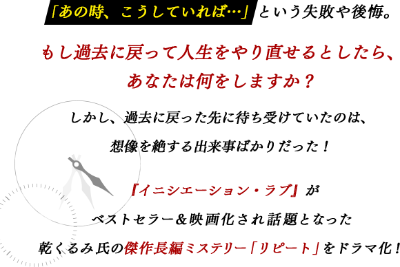 「あの時、こうしていれば…」という失敗や後悔。もし過去に戻って人生をやり直せるとしたら、あなたは何をしますか？しかし、過去に戻った先に待ち受けていたのは、想像を絶する出来事ばかりだった！『イニシエーション・ラブ』がベストセラー＆映画化され話題となった乾くるみ氏の傑作長編ミステリー「リピート」をドラマ化！
