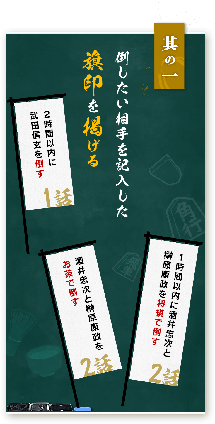 其の一：倒したい相手を記入した旗印を掲げる。２時間以内に武田信玄を倒す／酒井忠次と榊原康政をお茶で倒す／1時間以内に酒井忠次と榊原康政を将棋で倒す