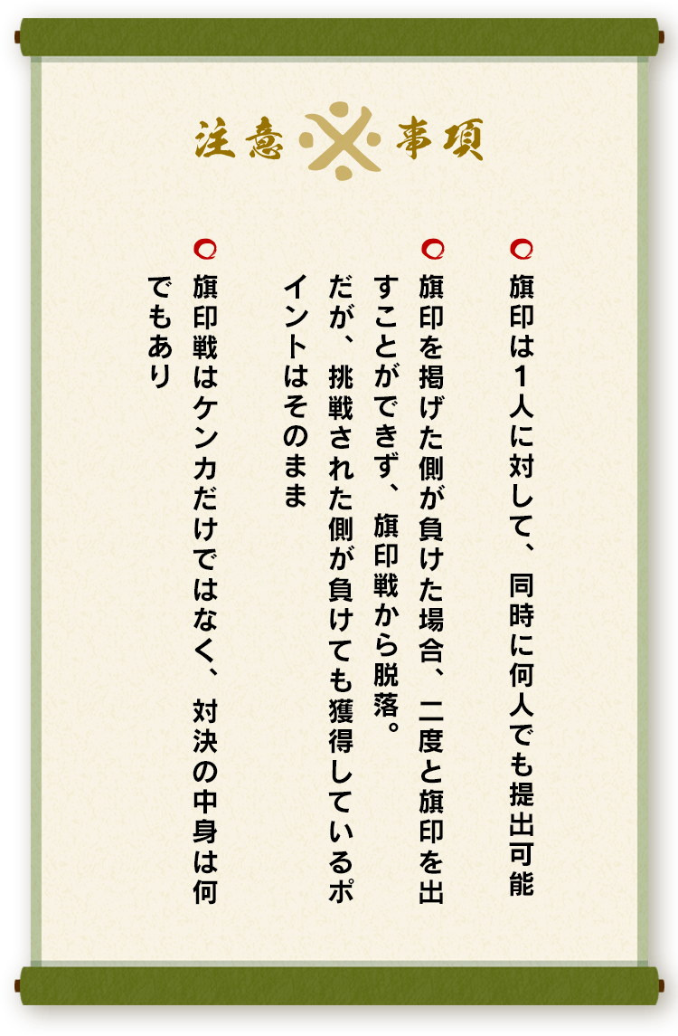 注意事項：旗印は１人に対して、同時に何人でも提出可能。／旗印を掲げた側が負けた場合、二度と旗印を出すことができず、旗印戦から脱落。だが、挑戦された側が負けても獲得しているポイントはそのまま。／旗印戦はケンカだけではなく、対決の中身は何でもあり。
