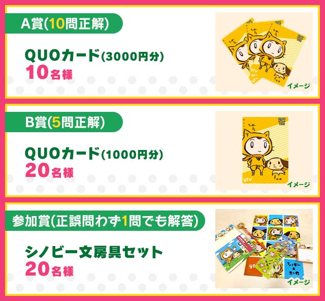 A賞（10問正解）　QUOカード（3000円分）B賞（5問正解）　　QUOカード（1000円分）　20名様　参加賞（正誤問わず1問でも解答）　シノビー文房具セット　20名様