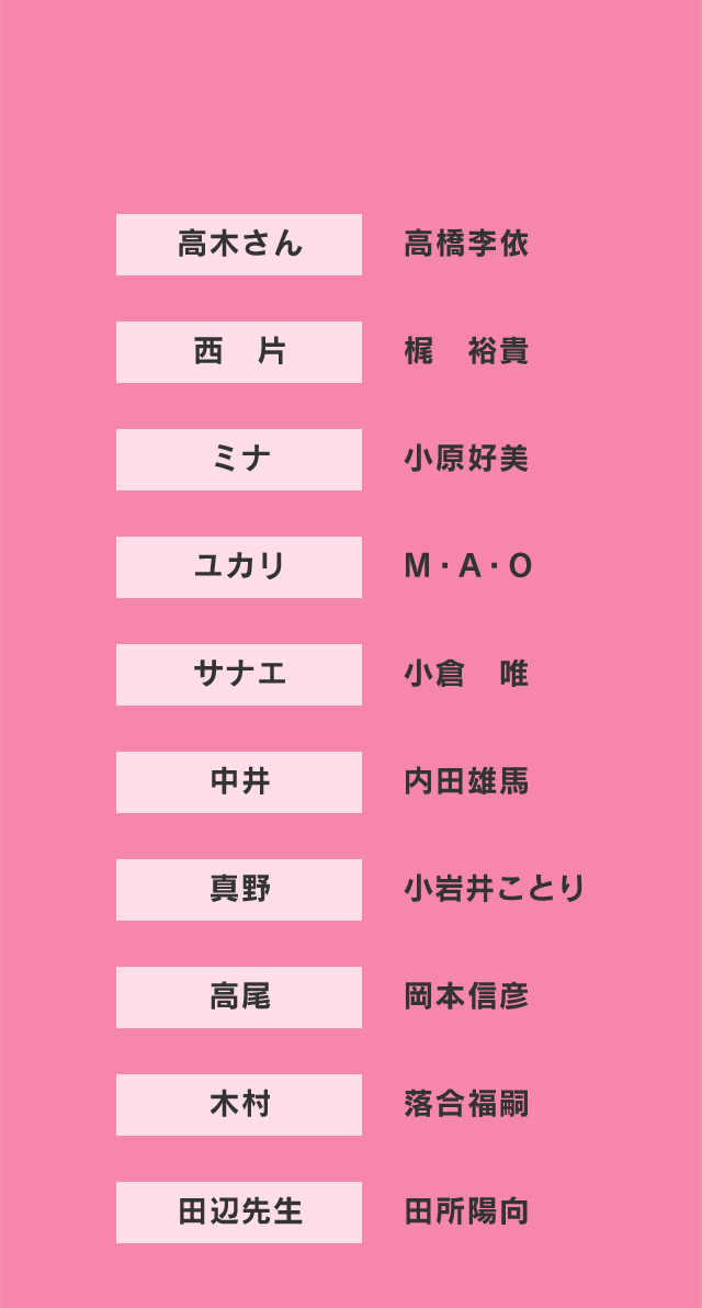 高木さん:高橋李依 西片:梶 裕貴 ミナ:小原好美 ユカリ:M・A・O サナエ:小倉 唯 中井:内田雄馬 真野:小岩井ことり 高尾:岡本信彦 木村:落合福嗣 田辺先生:田所陽向