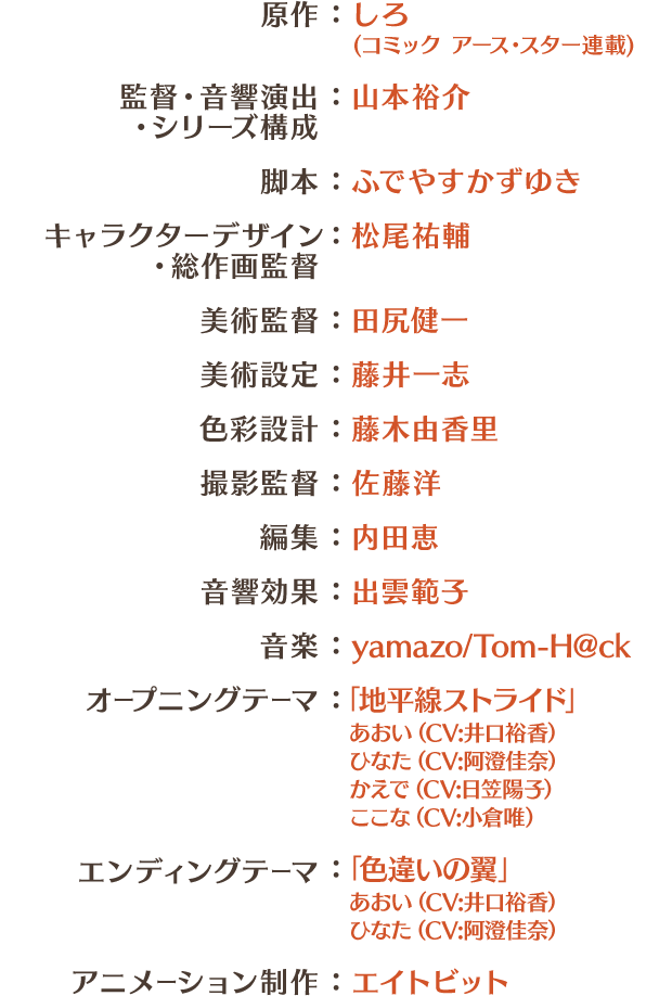 原作：しろ(コミック アース・スター連載)／監督・音響演出・シリーズ構成：山本裕介／脚本：ふでやすかずゆき／キャラクターデザイン・総作画監督：松尾祐輔／美術監督：田尻健一／美術設定：藤井一志／色彩設計：藤木由香里／撮影監督：佐藤洋／編集：内田恵／音響効果：出雲範子／音楽：yamazo/Tom-H@ck／オープニングテーマ：「地平線ストライド」あおい（CV:井口裕香）ひなた（CV:阿澄佳奈）かえで（CV:日笠陽子）ここな（CV:小倉唯）／エンディングテーマ：「色違いの翼」あおい（CV:井口裕香）ひなた（CV:阿澄佳奈）／アニメーション制作：エイトビット